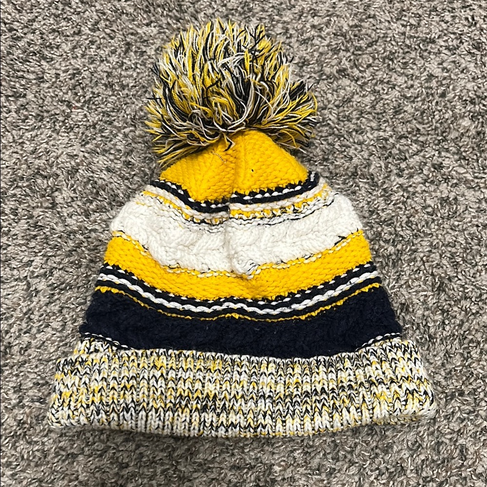 Striped Yellow and Navy Kids Pom-Pom Beanie